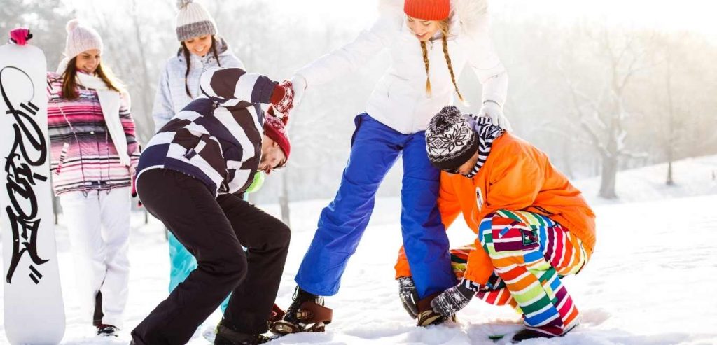 team of  Ski boots on snow